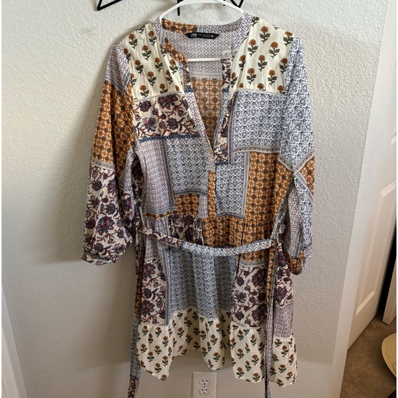 Zara Dresses & Skirts - Zara Patchwork Mini Dress in Cream, Brown and Blue